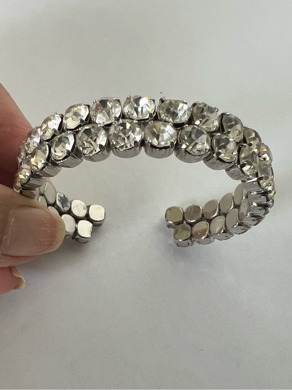 Crystal Rhinestone Silver Cuff Bracelet - Sparkling Clear Stones
